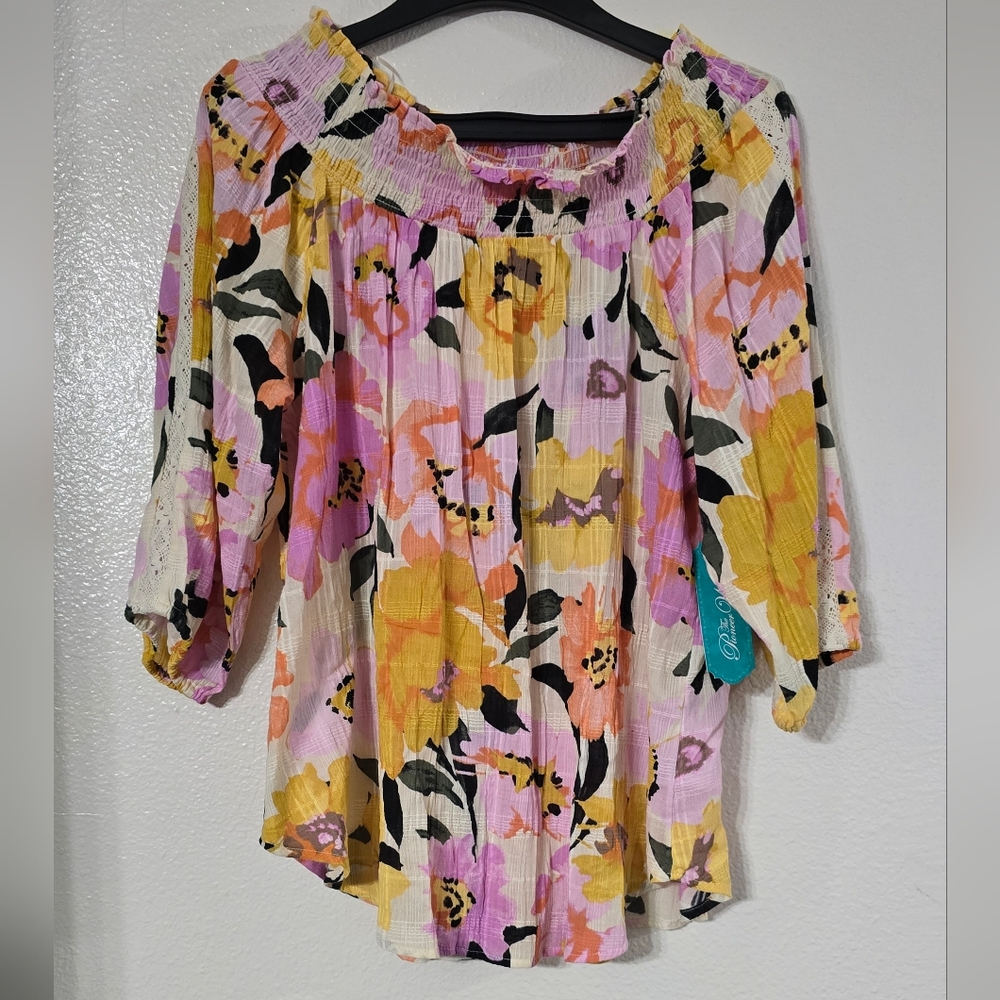 Pioneer Woman On Off Shoulder Smocked Blouse XL NWT Balloon Sleeve